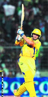 Chennai Super Kings Mike Hussey plays a shot during their match against Kolkata Knight Riders in Kolkata on Monday. 