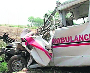 The damaged ambulance after the accident near Naggal village on Tuesday. 