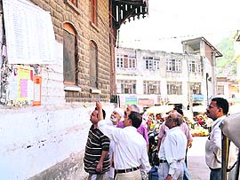 People watch the rent defaulters list at Indira Market in Mandi on Tuesday.