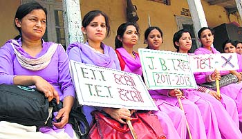 JBT trainees during a protest demonstration in Dharamsala on Tuesday.