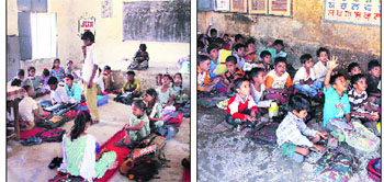 Students of Government Elementary School, Kot Sadiq; and (right) students of Government Elementary School, Kishanpura, sit on the floor as they attend classes.