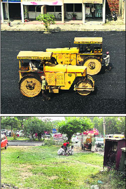 The road at PUDA complex being re-carpeted in Jalandhar on Monday. (bottom) Greenbelt around the complex in a dire neglect. 
