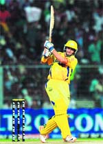 Chennai Super Kings Mike Hussey plays a shot during their match against Kolkata Knight Riders in Kolkata on Monday. CSK won by five wickets. 