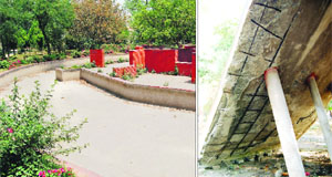 A dry pool in childrens park and the base of a slide in a dilapidated condition at Ram Bagh in Amritsar. 