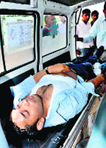 Brij Mohan lies in an ambulance at the General Hospital in Sector 6 of Panchkula on Wednesday. Tribune Photo: Nitin Mittal 