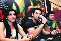 Film actors of film "Raktbeej" during its promotion campaign in Dehradun on Wednesday. A Tribune photograph
