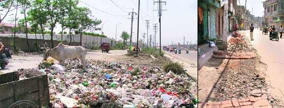 Stink emanating from the area has made the lives of residents miserable; (right) A footpath in a state of neglect. 