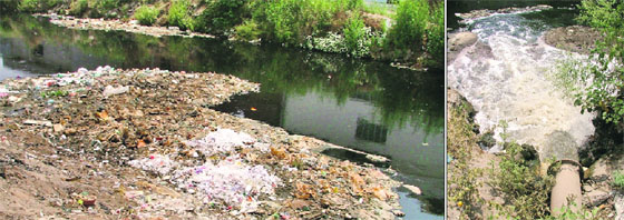 Litter dumped along Budha Nullah in the ward; (right) Sewage flows into Budha Nullah on the Old Rahon Road. 