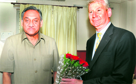 Canadian High Commissioner to India Stewart Beck with Uttarakhand Chief Minister Vijay Bahuguna in Dehradun on Thursday.