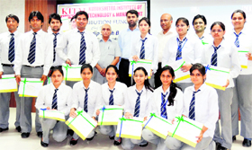 Chief guest Mandeep Singh Brar (seventh from right), Deputy Commissioner, Kurukshetra, with the winners at the annual prize distribution function organised by the Kurukshetra Institute of Technology and Management. Photo: D.R. Vij