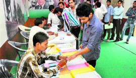 Youth cast their vote during Youth Congress elections in Jammu on Thursday.