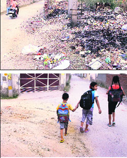 A sewage pond and a garbage dump at the entrance of Brring village in Ward Number 12. (bottom) The state of a majority of roads in Ward Number 12 is deplorable.