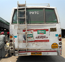 A PRTC bus carries an advertisement of a pan masala at the bus stand in Malout