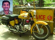 The bike of Delhi police constable Naresh Kumar Verma (inset), who died after the two-wheeler was run over by a mini truck at Bharat Nagar in North Delhi on Friday