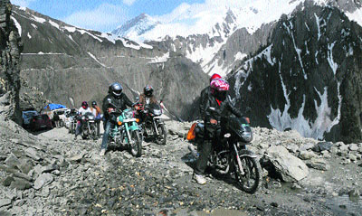 A group of bikers pass through a rough terrain on their way to Ladakh. 
