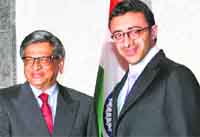 External Affairs Minister SM Krishna and his UAE counterpart Sheikh Abdullah Bin Zayed Al Nahyan in New Delhi on Friday. Tribune photo: Mukesh Aggarwal