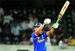 Rajasthan Royals Rahul Dravid plays a shot in Hyderabad on Friday