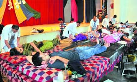 Blood donation camp in progress at St Johns School, Sector 26, in Chandigarh on Saturday