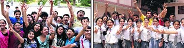 (Left) Students of St Joseph's Academy and (right) of The Heritage School rejoice on their success in the ICSE and ISC examinations in Dehradun on Saturday