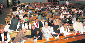 Delegates of the Jammu and Kashmir Pradesh Congress Committee attend a one-day state-level session in Srinagar on Saturday.