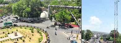 A CCTV camera installed at the busy Indira Chowk near bus stand in Jammu; and (right) another one installed on a flyover in the city. 