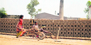 A worker makes bricks at a brick-kiln on the outskirts of Jammu city. 