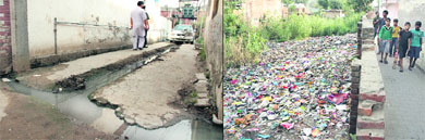 A drain constructed to divert sewage water from a street; and (right) a garbage dump at Baba Budha Ji Nagar of Ward Number 13 in Jalandhar.