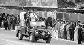 Lankan President Mahinda Rajapaksa inspects a parade to celebrate three years of the LTTEs fall, in Colombo on Saturday.