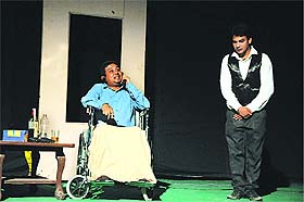 Actors enact a scene from the play Wrong Number at the Balwant Gargi Open Air Theatre at Rose Garden in Bathinda on Sunday evening. The play was a part of the two-day drama festival that began on Saturday. 