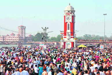 Thousands of devotees take a holy dip in Braham Kund, Har-ki-Pauri, and adjacent Ganga ghats in Haridwar on Sunday.