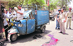 The auto-rickshaw that was involved in an accident with a motorcycle at Janata Nagar in Ludhiana on Sunday