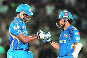 CHEERS! Mumbais Sachin Tendulkar (right) and Dwayne Smith during their match against Rajasthan Royals in Jaipur on Sunday
