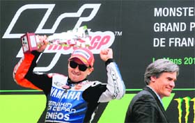 Spains Jorge Lorenzo celebrates his victory at Le Mans circuit on Sunday