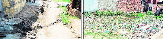 The dilapidated condition of roads; garbage littered on the roadsides; and (below) a narrow unapproachable street at Ward number 13 in Amritsar.