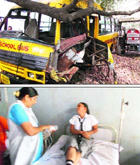 (Top) The school bus that rammed in a tree near Ratia on Monday. (Below) A girl injured in the accident getting treatment in a hospital near Ratia