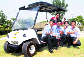 Students of Lovely Professional University demonstrate working of a driverless electric car operated with a mobile phone in Phagwara on Monday.