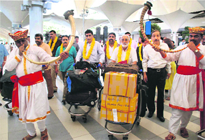 A 17-member Pakistani media delegation arrives at Chhatrapati Shivaji International Airport in Mumbai on Monday.