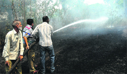 Firefighters try to douse flames near the non-functional PUNSUP petrol pump on Ladowali Road in Jalandhar on Tuesday. 