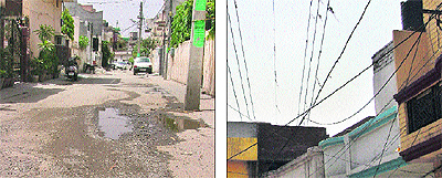 Garbage being dumped on a roadside at New Deep Nagar, high-tension wires cross through roofs of the houses and a view of the poor condition of a road in ward number 30