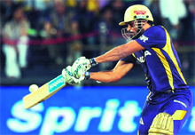 Kolkata Knight Riders Yusuf Pathan plays a shot in Pune on Tuesday. 