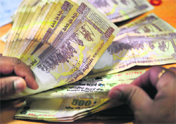 A cashier counts rupee notes at a bank in Mumbai.