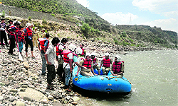 Participants being briefed on handling a raft during a seven-day adventure course at Reasi on Wednesday
