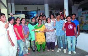 Students of Guru Harkishan Public School celebrate their success in the CBSE class X exams on Thursday night