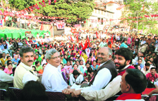 Sitaram Yechury, national Politburo member of the CPM, at a public rally in Shimla on Thursday. 