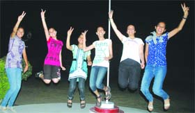 Students of Innocent Hearts School dance with joy after getting good grades in the Class X CBSE results in Jalandhar on Thursday