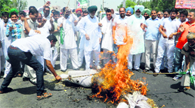 INLD workers burn an effigy of the UPA government near the old bus stand in Kurukshetra