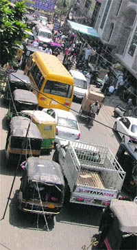 A view of traffic jam on the road that leads to the CMC Chowk in ward number 38. 