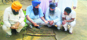 Farmers being given tips for a basmati seed test. 