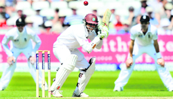 West Indies Marlon Samuels (c) avoids a ball on the first day of the second Test between England and West Indies at Trent Bridge in Nottingham on Friday.  AFP