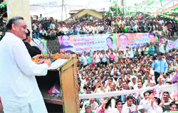 Chief Minister Vijay Bahuguna addresses a public meeting at Chakrata on Saturday. 
